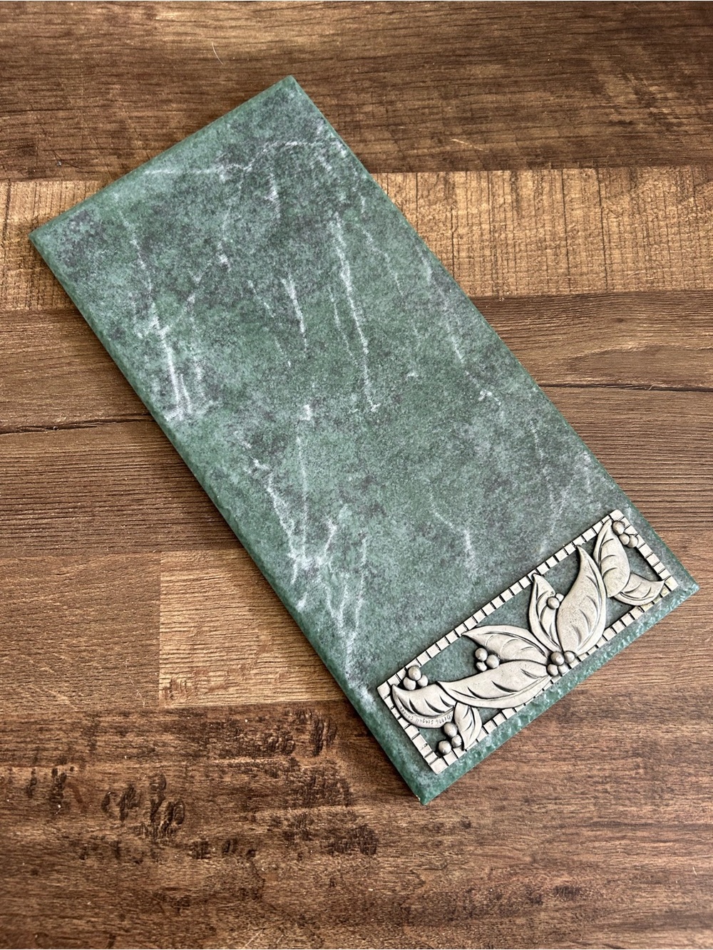 Vintage 1996 Seagull Pewter Green Faux-Marble Ceramic Serving Tray Cheese Board